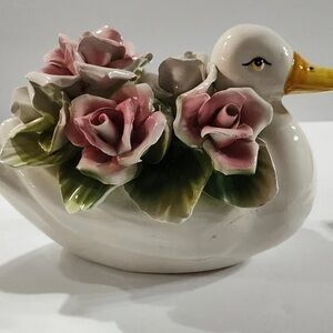 Italian Antique vintage Capodimonte Duck w Roses Made in Italy Porcelain
